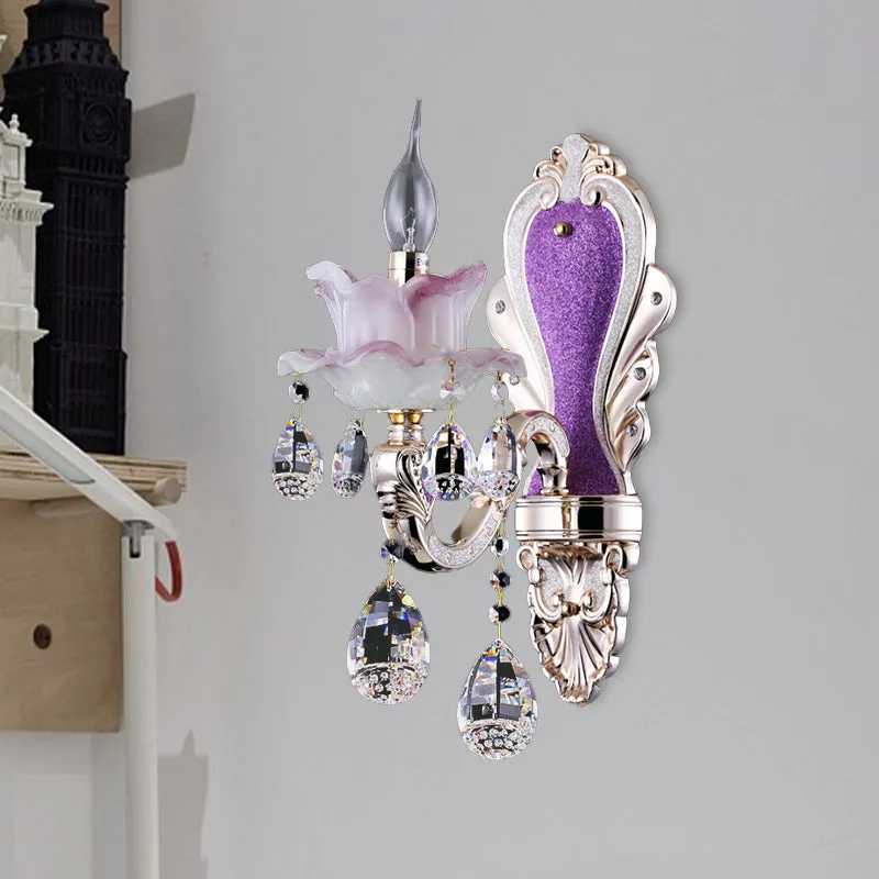 Applique murale en verre givré violet, 1/2 ampoules, style moderne, avec gouttes de cristal en forme de larme Clearhalo