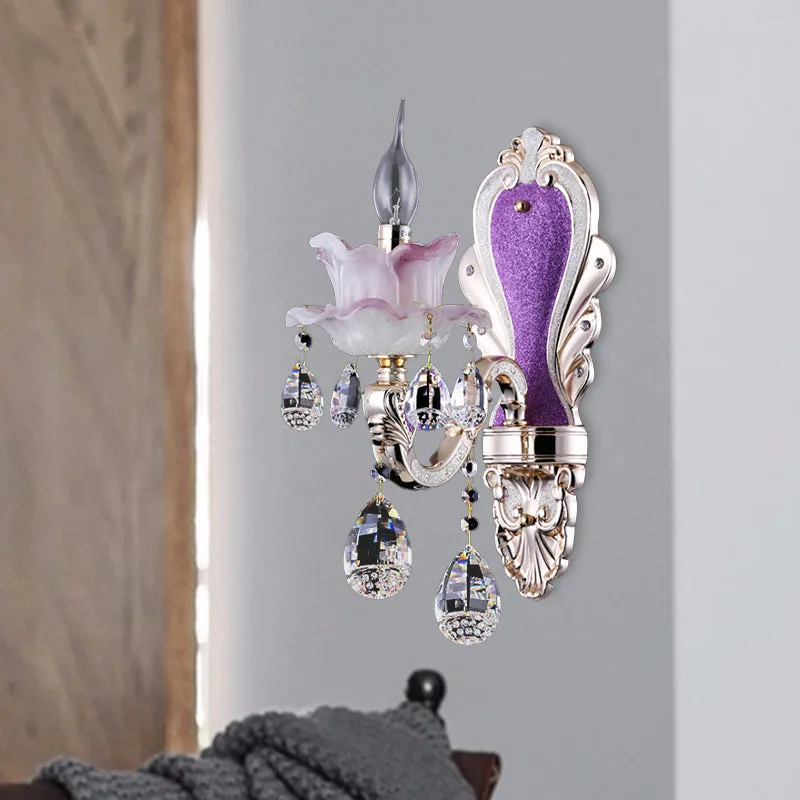 Applique murale en verre givré violet, 1/2 ampoules, style moderne, avec gouttes de cristal en forme de larme Clearhalo