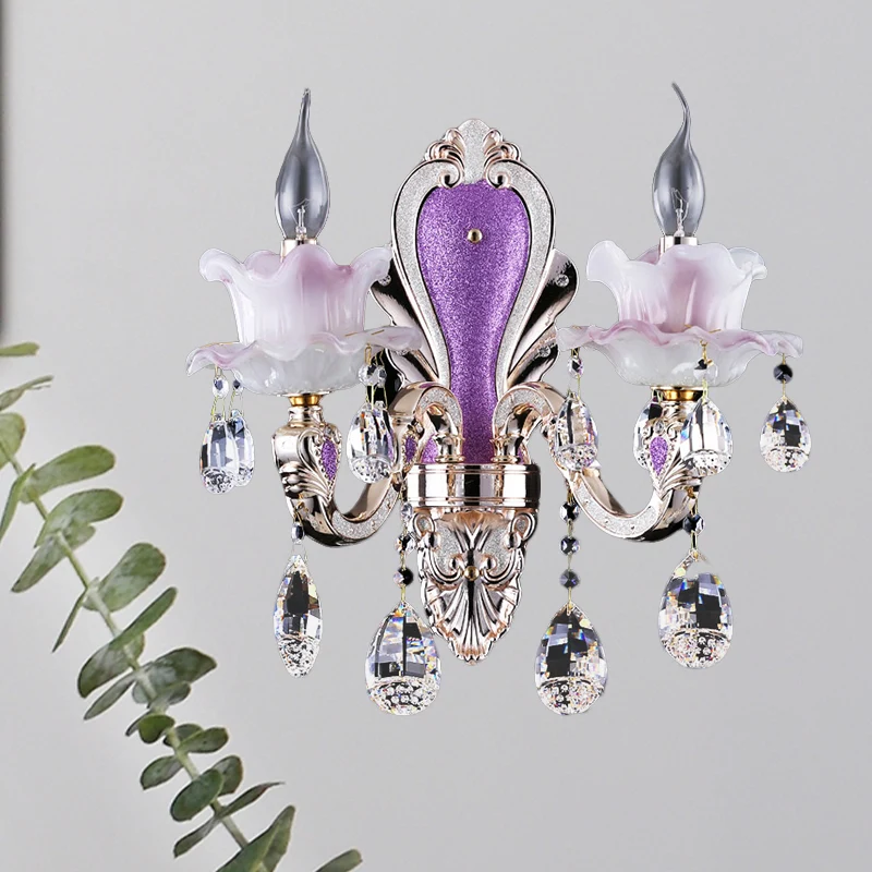 Applique murale en verre givré violet, 1/2 ampoules, style moderne, avec gouttes de cristal en forme de larme Clearhalo