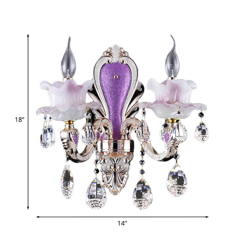 Applique murale en verre givré violet, 1/2 ampoules, style moderne, avec gouttes de cristal en forme de larme Clearhalo