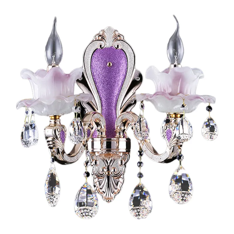 Applique murale en verre givré violet, 1/2 ampoules, style moderne, avec gouttes de cristal en forme de larme Clearhalo