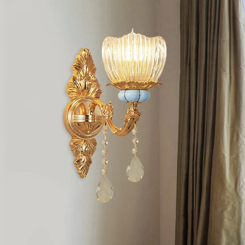 Applique murale en verre nervuré simple, rétro, fleur dorée, luminaire mural pour chambre à coucher Clearhalo