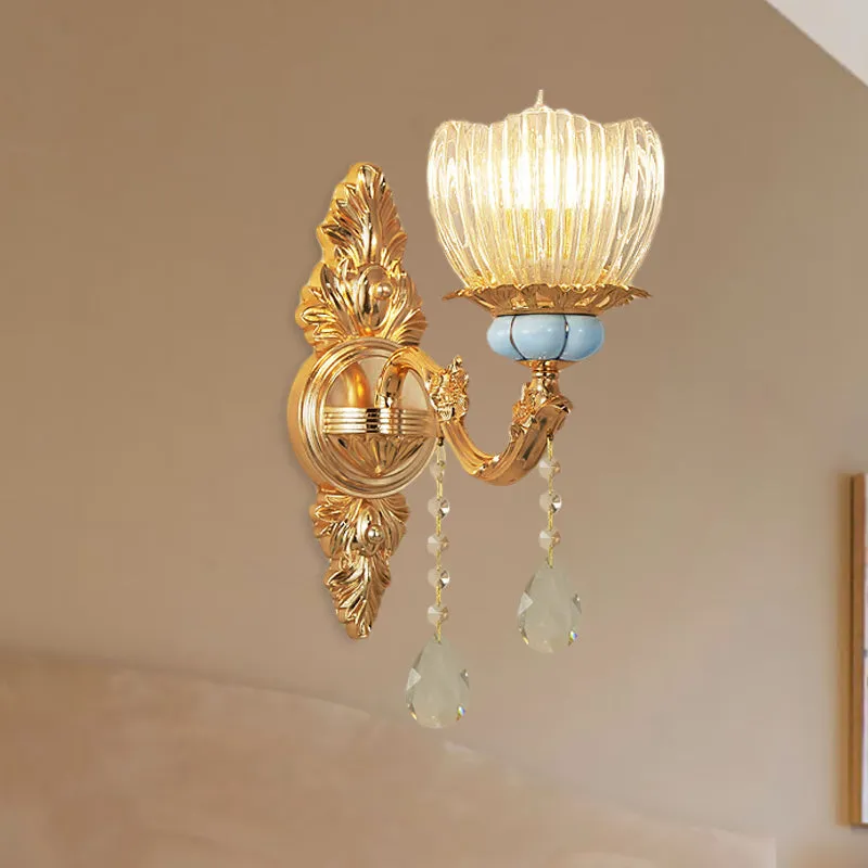 Applique murale en verre nervuré simple, rétro, fleur dorée, luminaire mural pour chambre à coucher Clearhalo