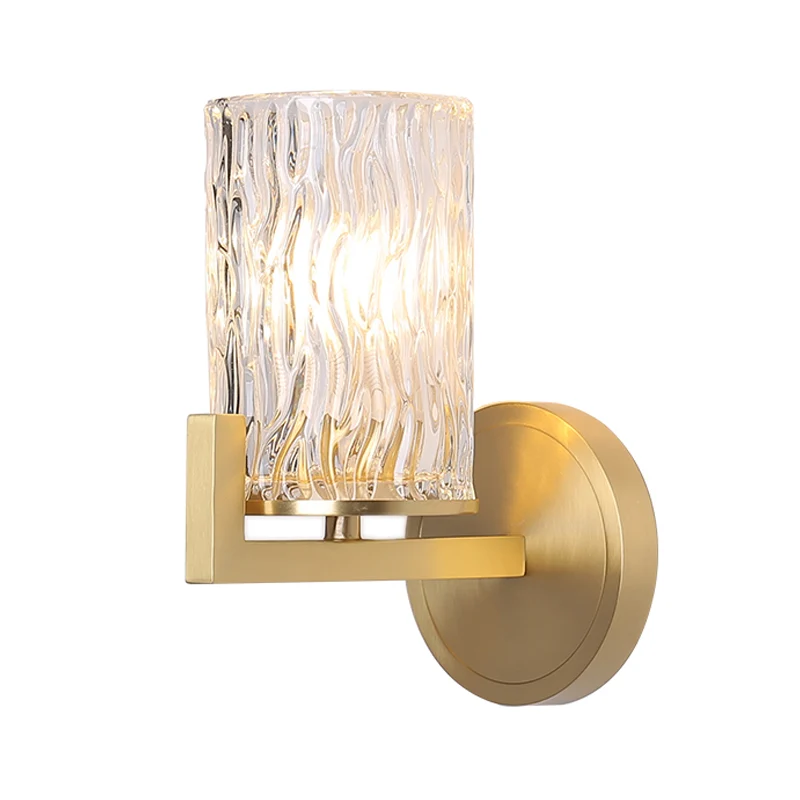 Applique murale en verre ondulé cylindrique, 1 lumière, luminaire mural en laiton pour chambre à coucher Clearhalo