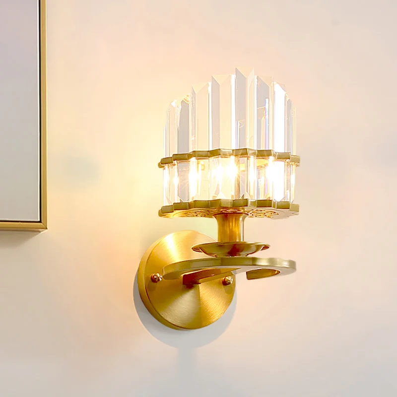 Applique ronde pour salon, bloc de cristal postmoderne, 1 ampoule, lampe murale dorée Clearhalo
