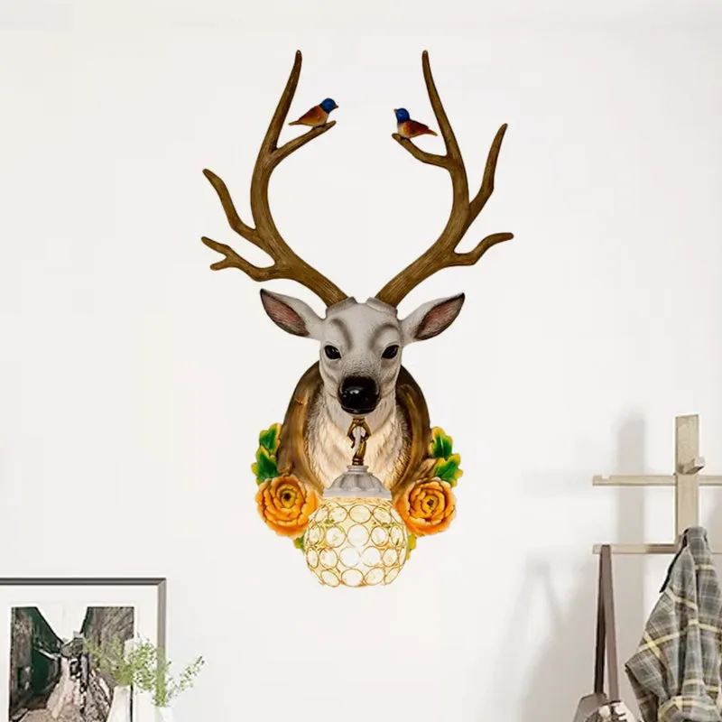 Applique en résine gris/bronze/or Elk, éclairage mural traditionnel à 1 lumière pour le salon avec abat-jour en cristal or...