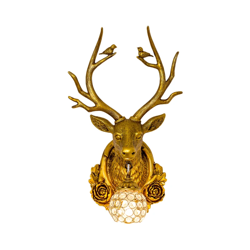 Applique en résine gris/bronze/or Elk, éclairage mural traditionnel à 1 lumière pour le salon avec abat-jour en cristal or...