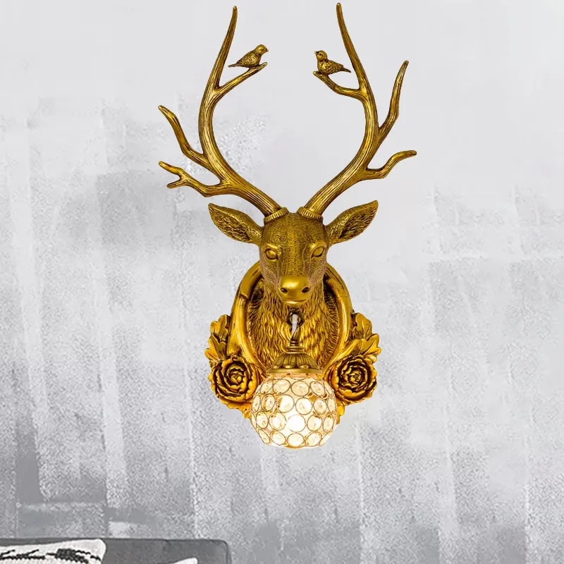 Applique en résine gris/bronze/or Elk, éclairage mural traditionnel à 1 lumière pour le salon avec abat-jour en cristal or...