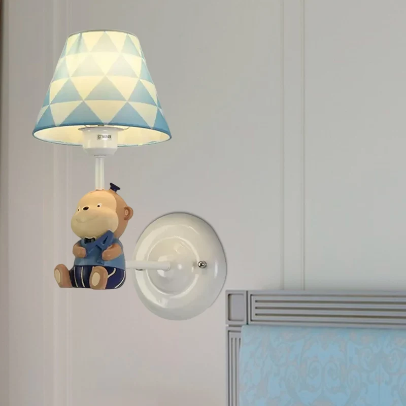 Applique singe en résine avec abat-jour en tissu, applique murale en forme d'animal à ampoule unique en bleu pour chambre...