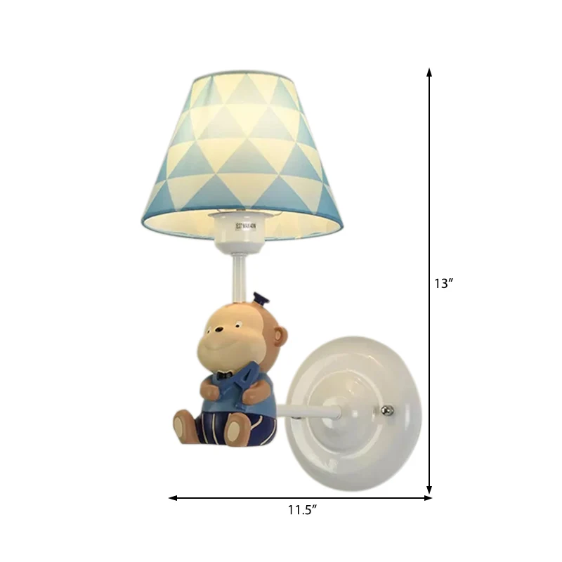 Applique singe en résine avec abat-jour en tissu, applique murale en forme d'animal à ampoule unique en bleu pour chambre...