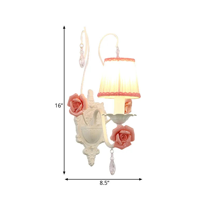 Applique en tissu à 1/2 têtes, fleur coréenne, abat-jour plissé blanc, lampe murale de salon avec goutte de cristal Clearhalo