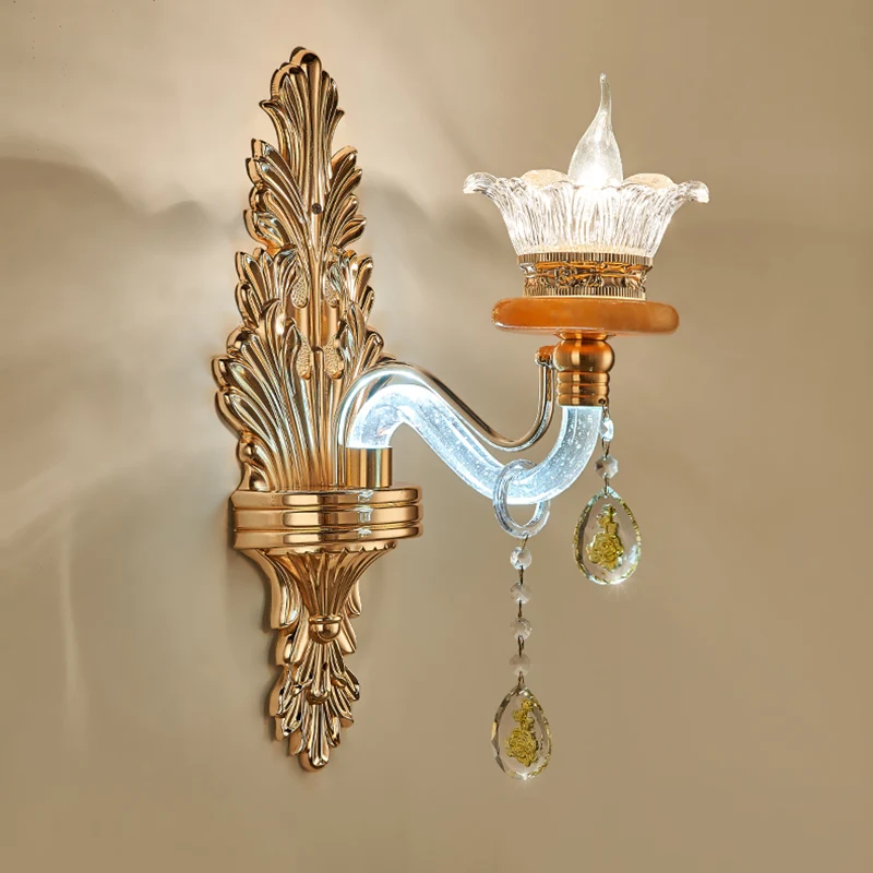 Applique traditionnelle à bras incurvé, ampoule unique, luminaire mural en cristal doré Clearhalo