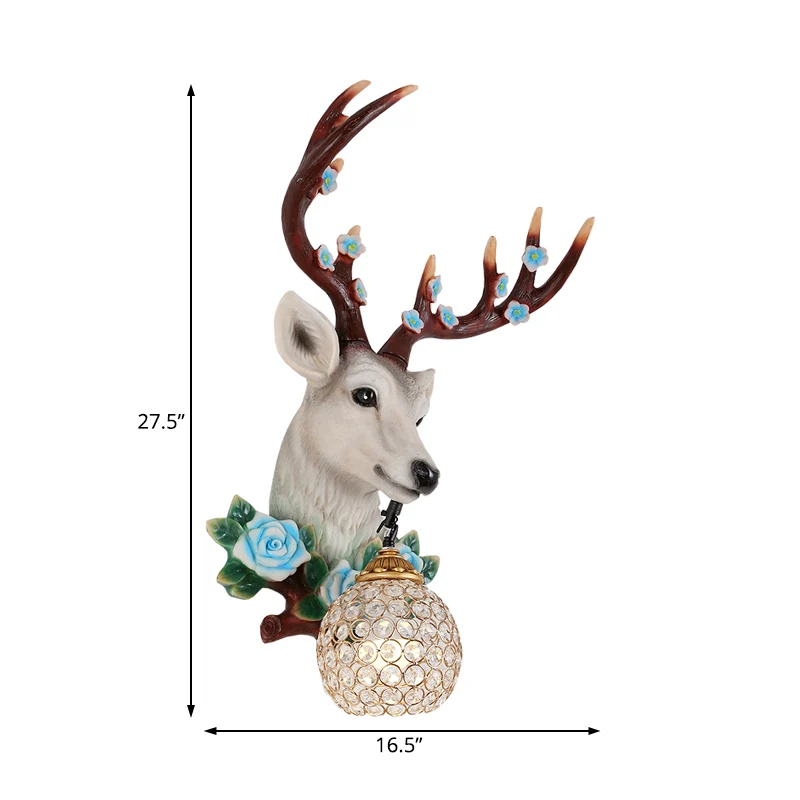 Applique tête d'élan rurale, 1 ampoule, éclairage mural en résine, blanc/bois, avec décor floral et abat-jour en cristal,...