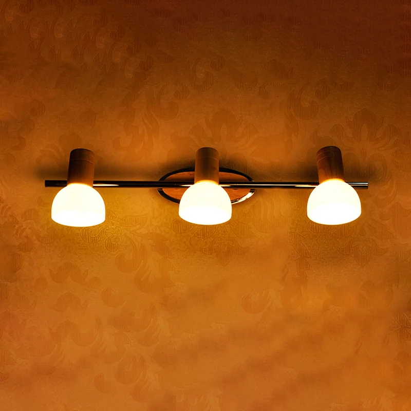 Applique de vanité en forme de dôme en verre blanc, modernisme, 3 ampoules, luminaire mural chromé avec dessus en bois Cle...