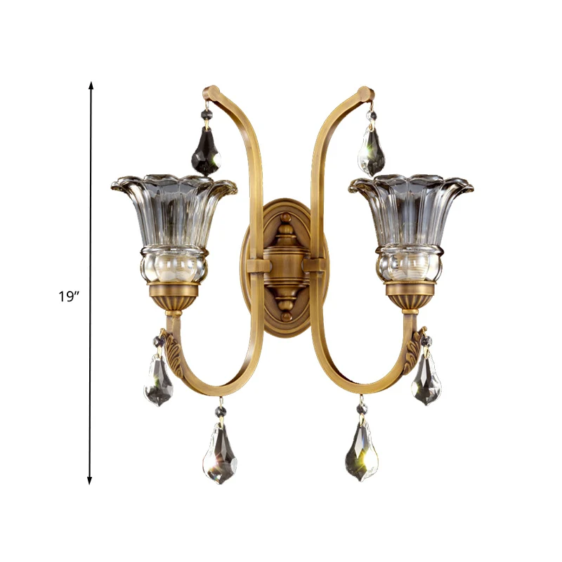 Applique en verre transparent à 1/2 ampoules, luminaire mural traditionnel à motif floral doré pour salon, avec accents de...