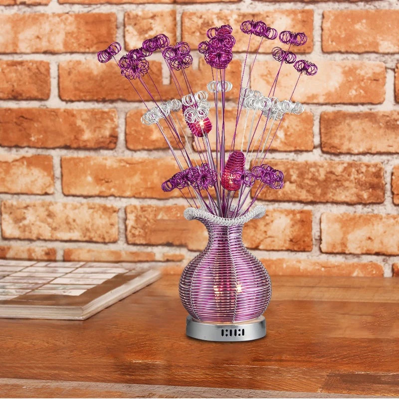 Art Déco Plante et Vase Table de Chevet Lumière Fil d'Aluminium LED Lampe de Table de Nuit en Violet Clearhalo