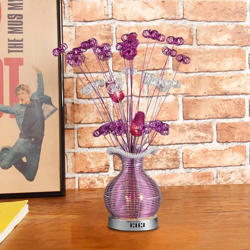 Art Déco Plante et Vase Table de Chevet Lumière Fil d'Aluminium LED Lampe de Table de Nuit en Violet Clearhalo