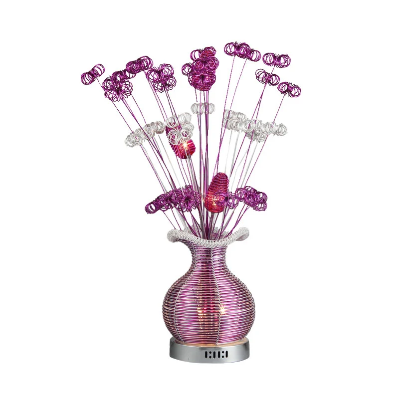 Art Déco Plante et Vase Table de Chevet Lumière Fil d'Aluminium LED Lampe de Table de Nuit en Violet Clearhalo