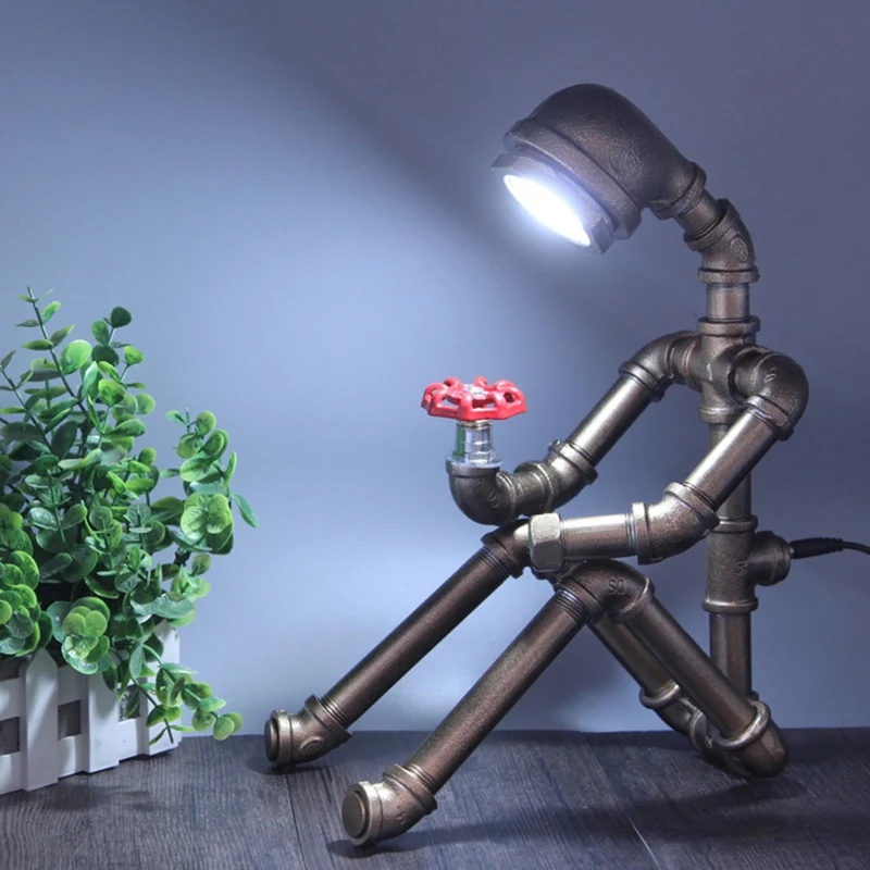 Assis Pipe-Man Lampe de Chevet Style Industriel Fer 1 Tête Argent/Bronze Éclairage de Table Clearhalo