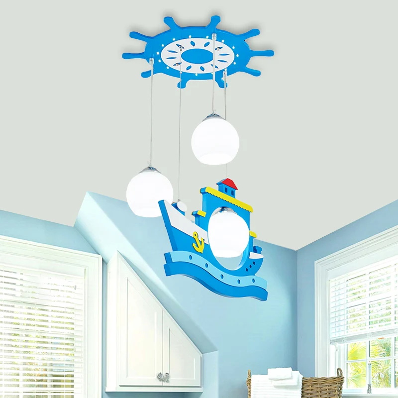 Auvent de gouvernail en bois suspendu, Style enfants, 3 têtes, Suspension ombrée bleue avec décor de bateau Clearhalo