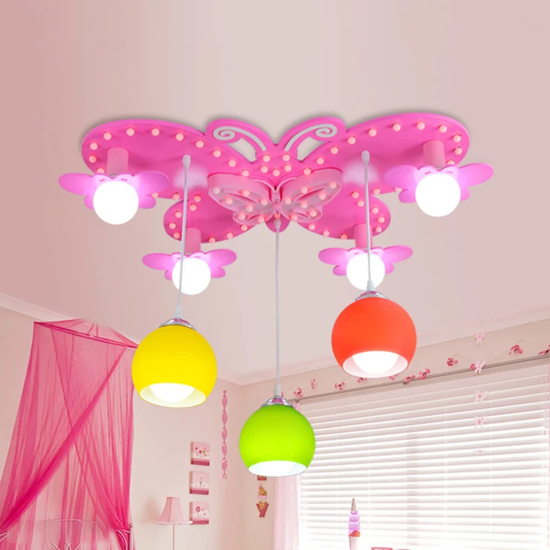 Belle rose Semi encastré lumière papillon 7 lumières bois plafonnier pour chambre de filles Clearhalo