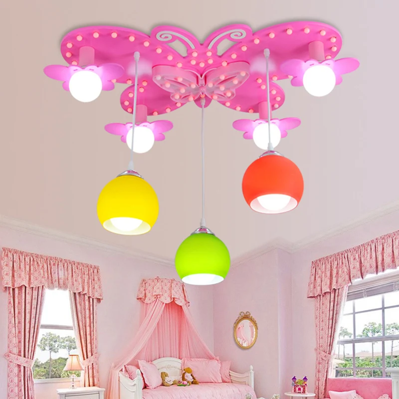 Belle rose Semi encastré lumière papillon 7 lumières bois plafonnier pour chambre de filles Clearhalo