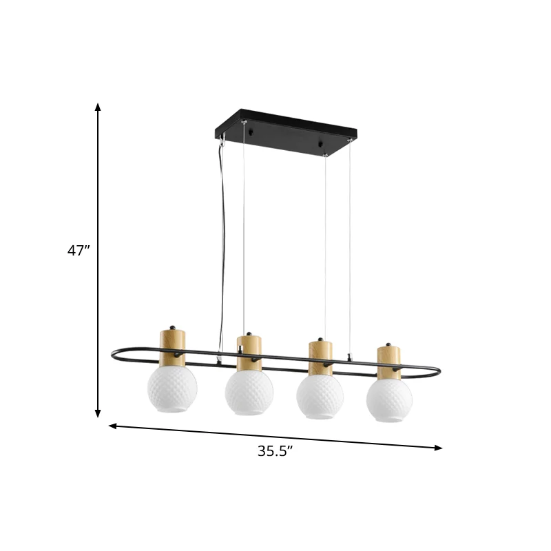Black Orb Island Light Pendant Modernisme Kit de lampe suspendue en verre dépoli à 3/4 lumières avec anneau rectangulaire...