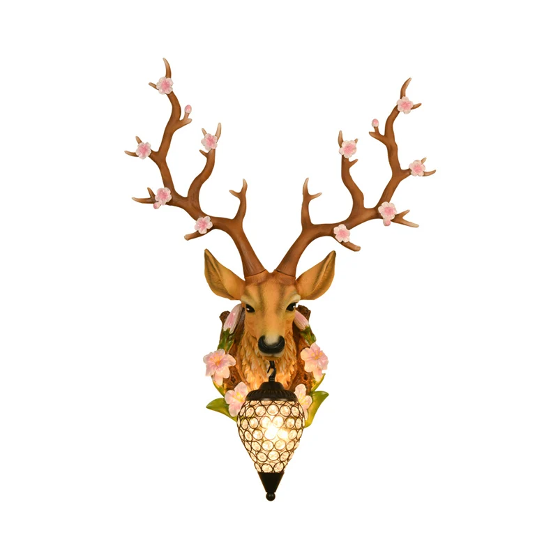 Blanc/jaune 1 lumière 16,5"/23" W applique murale traditionnelle en résine de cerf avec abat-jour en cristal en forme de l...