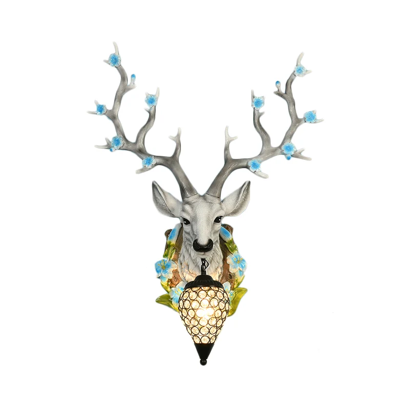 Blanc/jaune 1 lumière 16,5"/23" W applique murale traditionnelle en résine de cerf avec abat-jour en cristal en forme de l...