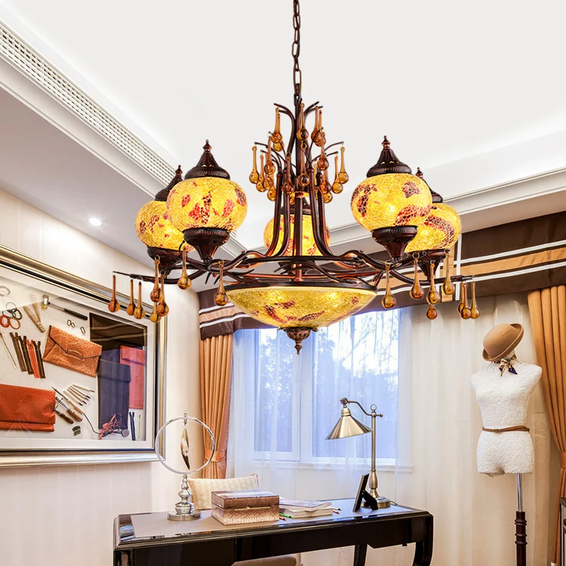 Bleu/jaune 8 lumières lustre luminaire marocain vitrail Globe suspendu plafonnier Clearhalo