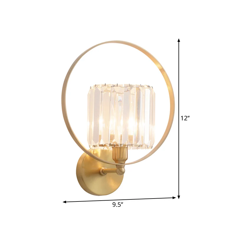 Blocs de cristal clairs, applique murale dorée, cadre annulaire, 1 ampoule, lampe murale contemporaine Clearhalo