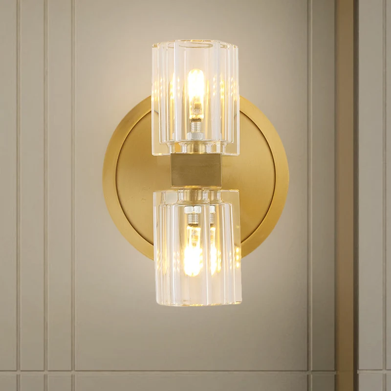 Blocs de cristal translucides applique cylindrique moderne 2 têtes lampe murale de salon en or Clearhalo
