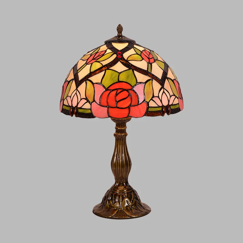 Bloom Night Lighting Lampe de table de chevet en vitrail victorien à 1 lumière, finition laiton, avec abat-jour bol Clearhalo