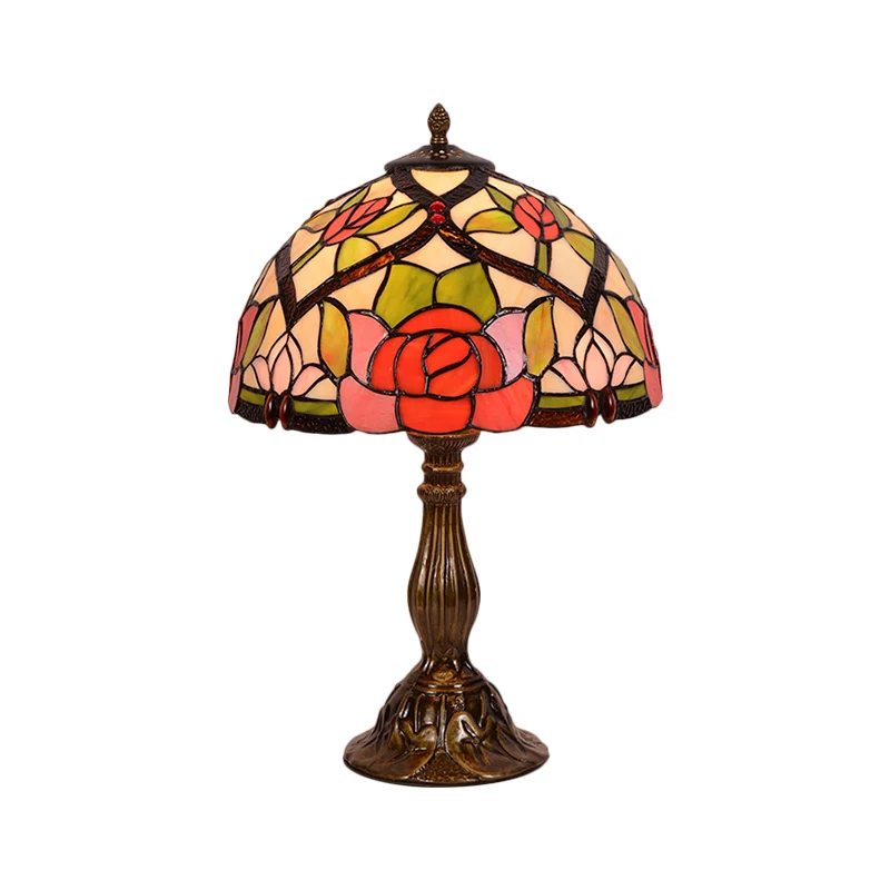 Bloom Night Lighting Lampe de table de chevet en vitrail victorien à 1 lumière, finition laiton, avec abat-jour bol Clearhalo