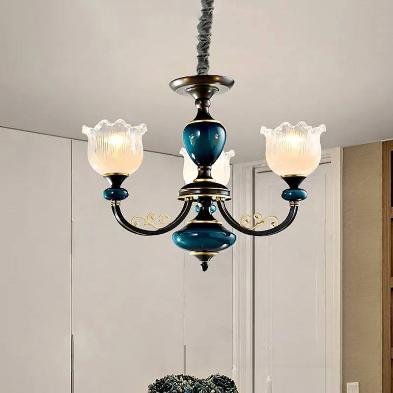 Blossom – pendule classique en verre nervuré transparent, 3/6 lumières, lustre noir et bleu pour salon Clearhalo