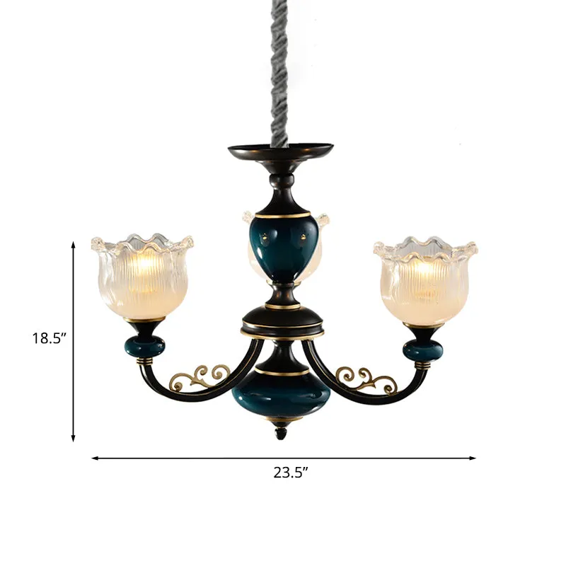 Blossom – pendule classique en verre nervuré transparent, 3/6 lumières, lustre noir et bleu pour salon Clearhalo