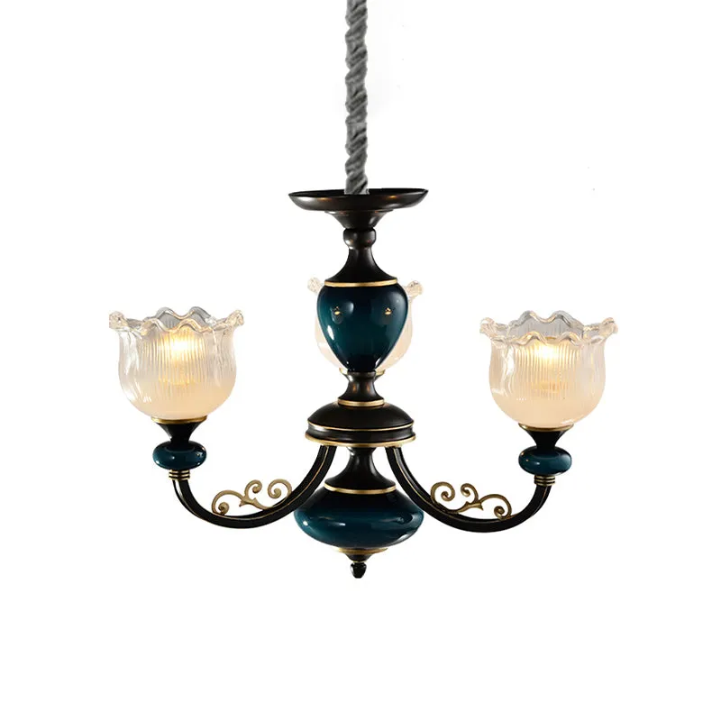 Blossom – pendule classique en verre nervuré transparent, 3/6 lumières, lustre noir et bleu pour salon Clearhalo