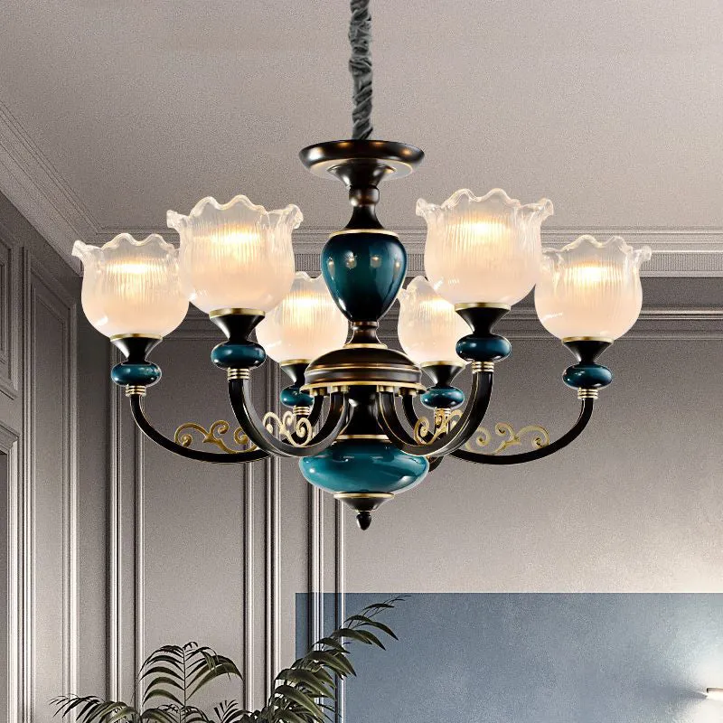 Blossom – pendule classique en verre nervuré transparent, 3/6 lumières, lustre noir et bleu pour salon Clearhalo