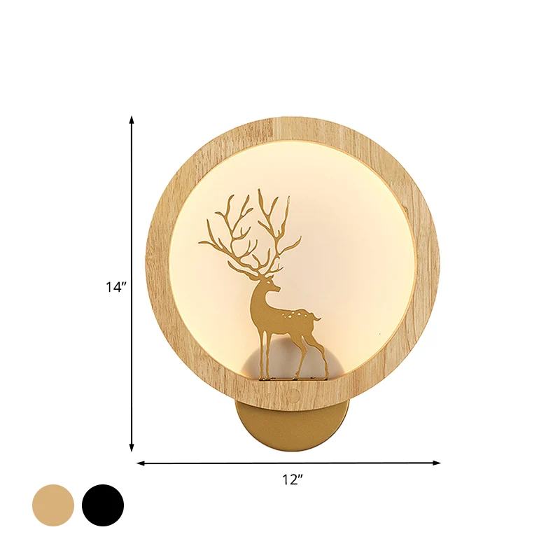 Bois Halo Ring Mural Éclairage Contemporain Noir/Beige LED Applique Murale avec Silhouette De Cerf Sika Clearhalo