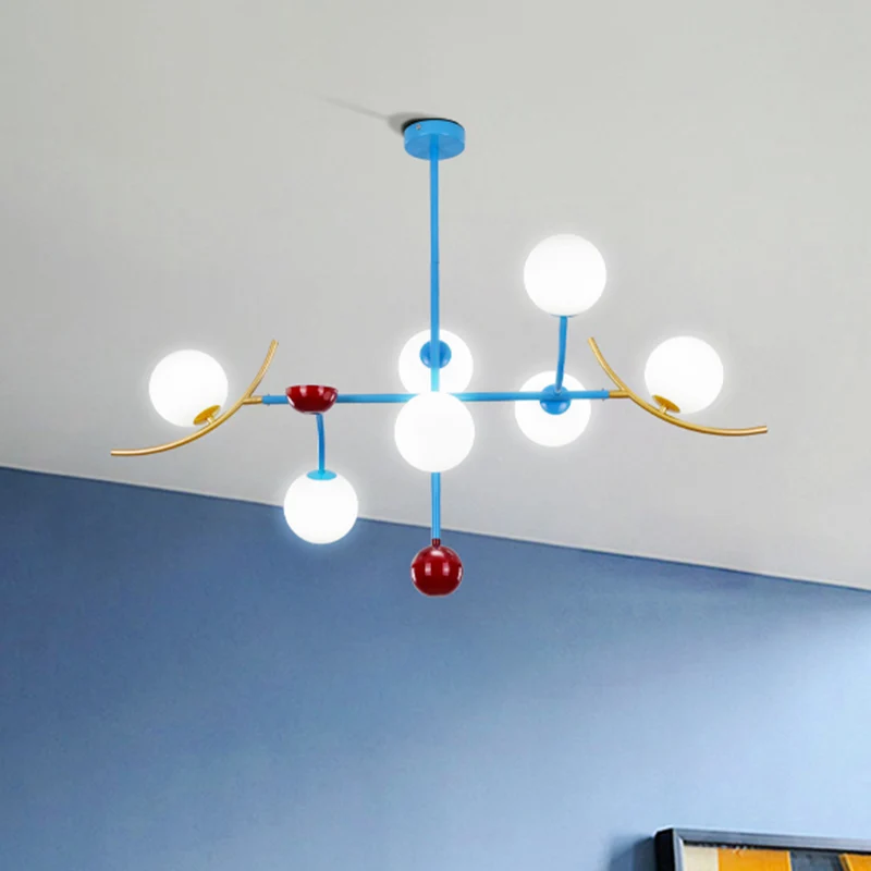 Boule de verre opale, éclairage moderniste, 7 lumières, finition bleue, luminaire suspendu pour salle à manger Clearhalo