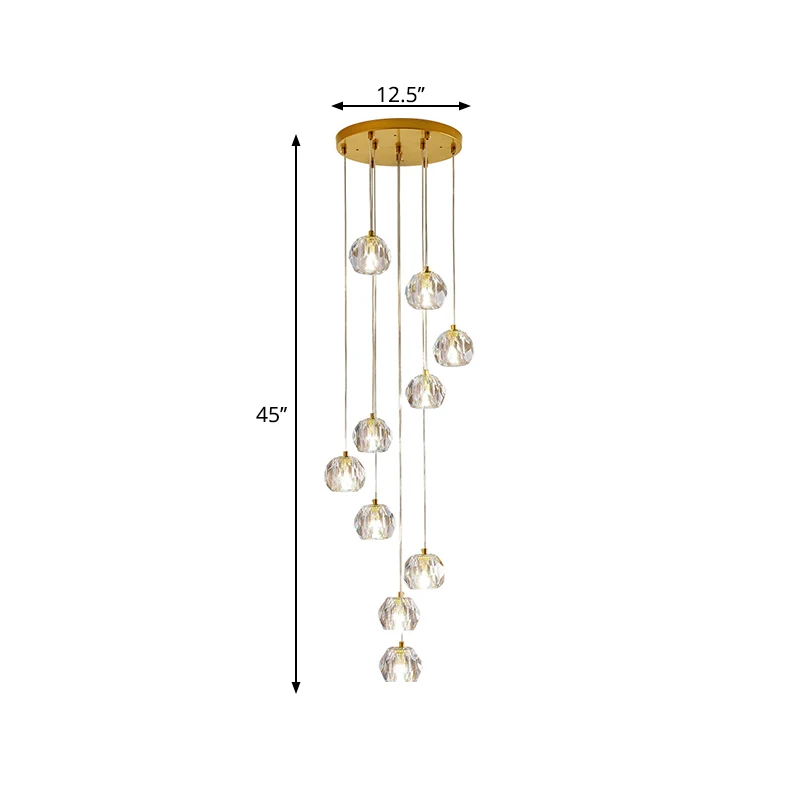 Boule en verre transparent multi-pendule doré de style moderne avec design en spirale pour escaliers Clearhalo