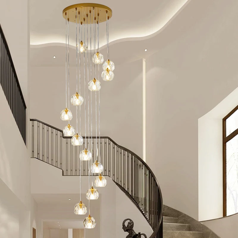 Boule en verre transparent multi-pendule doré de style moderne avec design en spirale pour escaliers Clearhalo