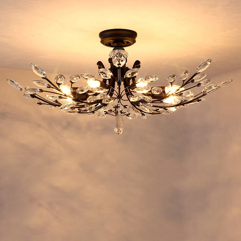 Branches Salon Semi Plafonnier Rural Cristal LED Noir Près du Plafond Éclairage Clearhalo