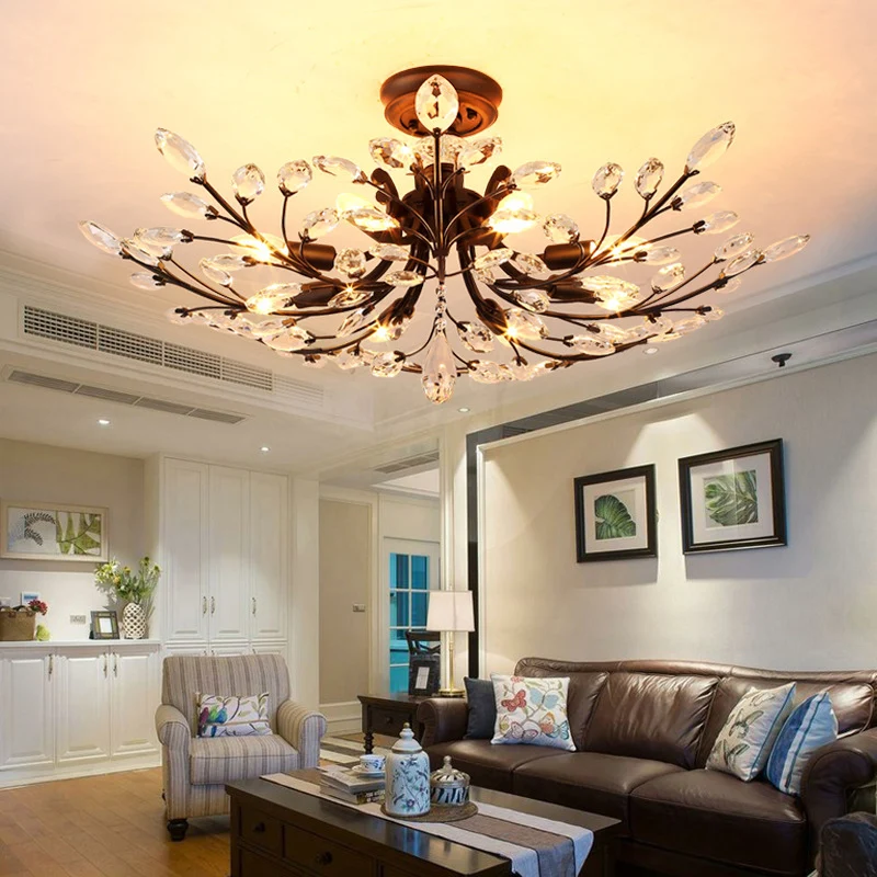 Branches Salon Semi Plafonnier Rural Cristal LED Noir Près du Plafond Éclairage Clearhalo