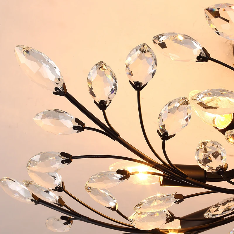 Branches Salon Semi Plafonnier Rural Cristal LED Noir Près du Plafond Éclairage Clearhalo
