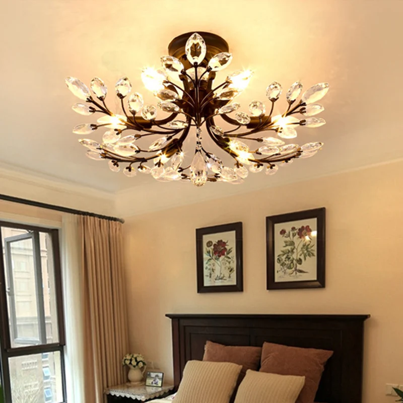 Branches Salon Semi Plafonnier Rural Cristal LED Noir Près du Plafond Éclairage Clearhalo