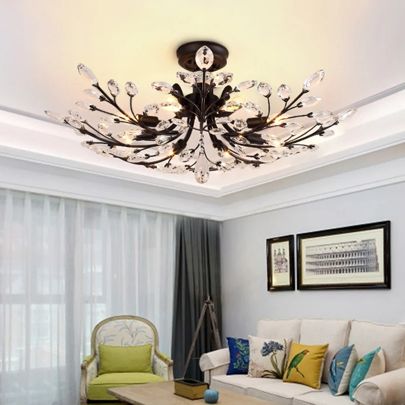 Branches Salon Semi Plafonnier Rural Cristal LED Noir Près du Plafond Éclairage Clearhalo