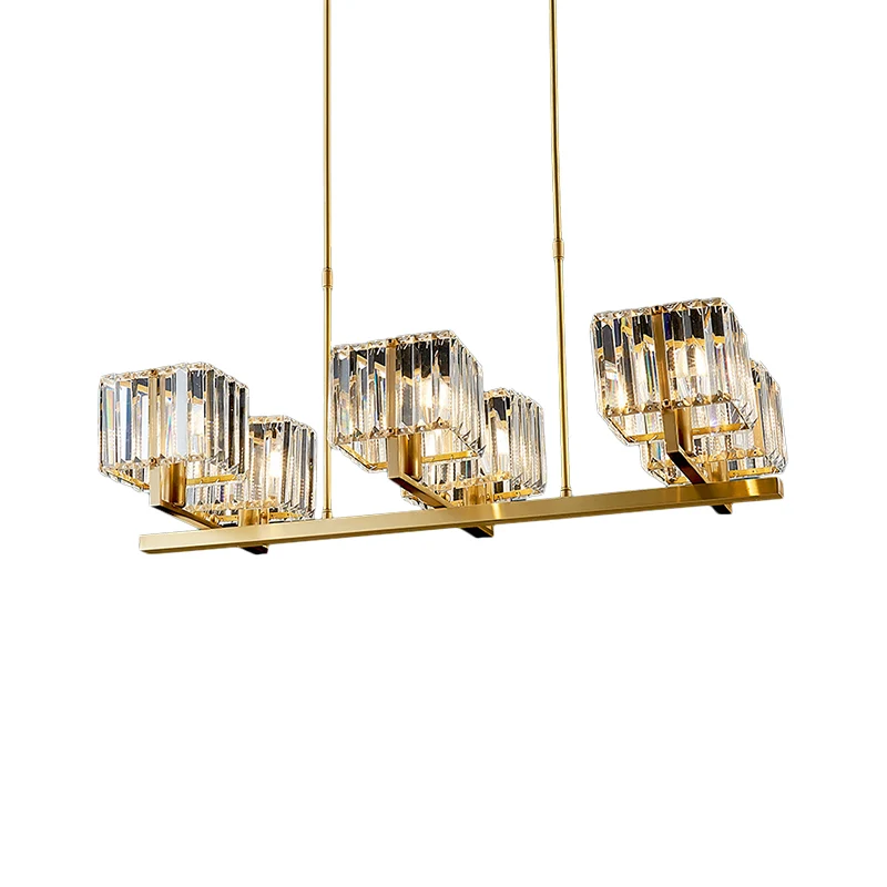 Bras tordu salle à manger île pendentif moderne cristal cuboïde ombre 6 ampoules or île luminaire Clearhalo