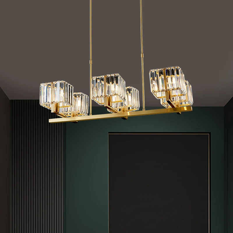 Bras tordu salle à manger île pendentif moderne cristal cuboïde ombre 6 ampoules or île luminaire Clearhalo