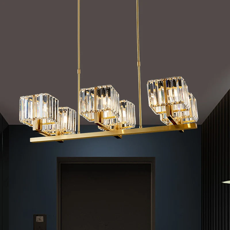 Bras tordu salle à manger île pendentif moderne cristal cuboïde ombre 6 ampoules or île luminaire Clearhalo